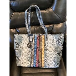 Studio Badgley Mischka Tote Bag‎ Snake Print Vegan Leather Zip Light Blue